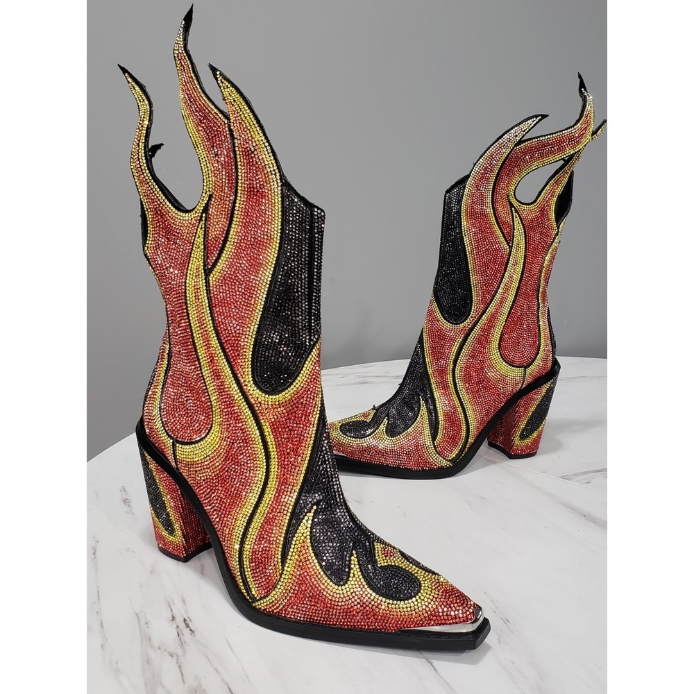 Club Exx Flame Fire Rhinestone Cowboy Boots Size US 9 Festival Ankle Boots